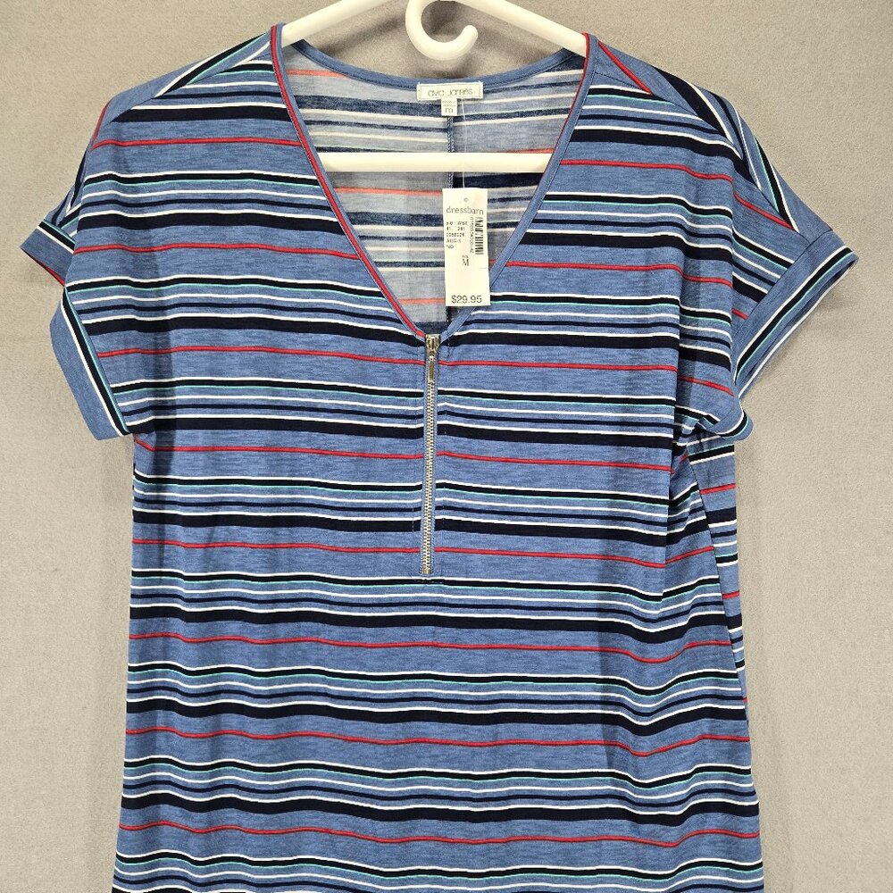 Ava James Women's Shirt, Blue Multicolor Stripe, Medium, Cap Sleeve, NWT